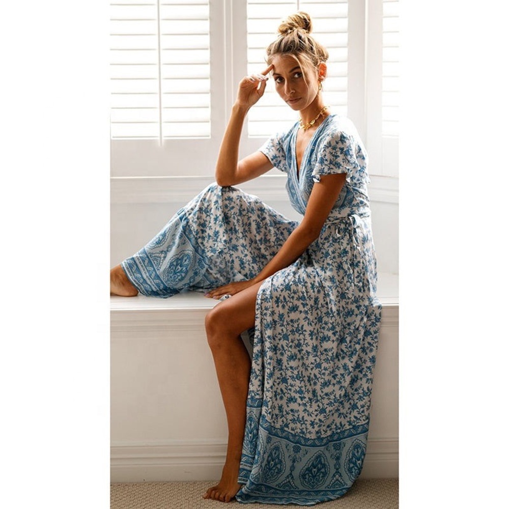 R.Vivimos Short Sleeve Floral Print Bohemian Wrap Maxi Dress Size Small NWT